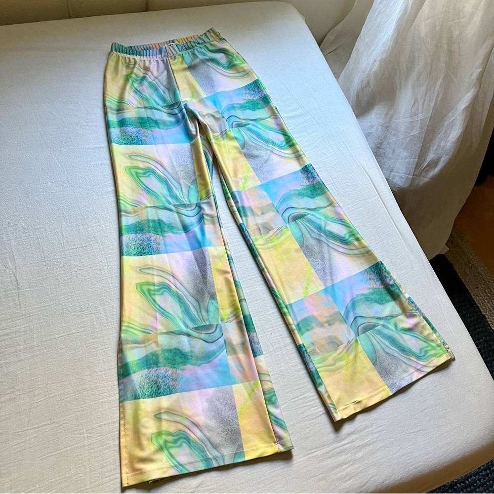 Mandinga‎ yellow green swirl checker print knit elastic waist boot cut pants